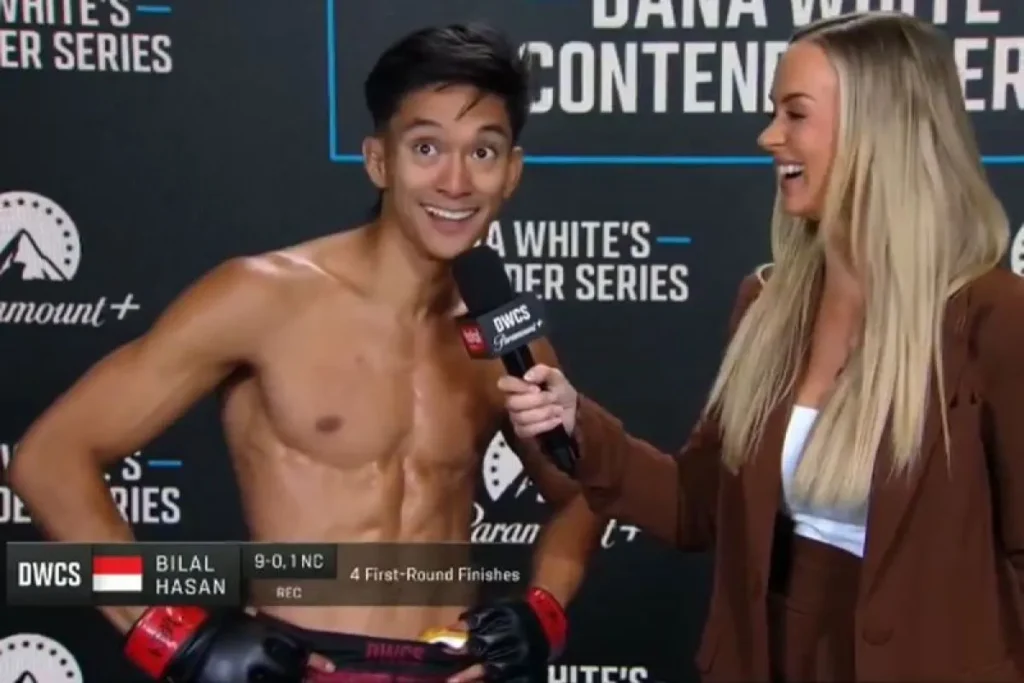 Petarung Indonesia Bilal Hasan diwawancara setelah menang TKO 45 detik atas petarung India Mridul Saikia pada ajang Dana White's Contender Series (DWCS) Season 10 di Meta Apex, Las Vegas, Rabu (12/8/2026) WIB.
