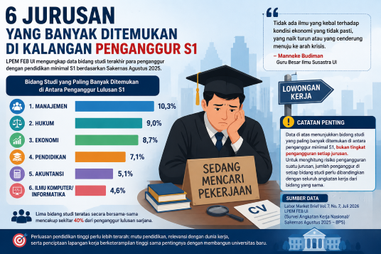 Data terbaru LPEM FEB UI menunjukkan bahwa sejumlah jurusan yang selama ini populer justru cukup banyak ditemukan di antara lulusan S1 yang menganggur.